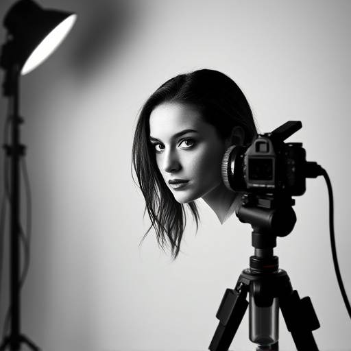 Un photographe prenant un portrait en noir et blanc dans un studio photo à Paris.